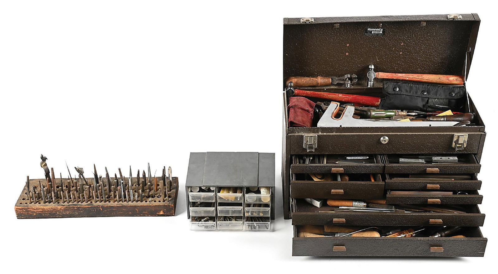 CIRCA 1970S SMITH & WESSON MACHINIST CHEST WITH NUMEROUS RELATED TOOLS.: This fully loaded tool box belonged to a Smith & Wesson gunsmith during the 1970s but many of the tools are much older. This is a large assortment of wood handled tools and turn screws, two S&W screw