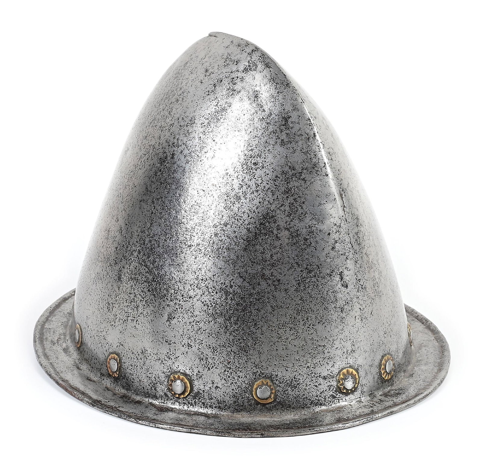 ITALIAN CABASSET WITH ARSENAL MARKINGS: Of classic form with a slightly fluted comb and a rolled rim decorated with 14 rosettes about the base of the skull. Rear of the rim is impressed with an unidentified and partially obfuscated arsenal