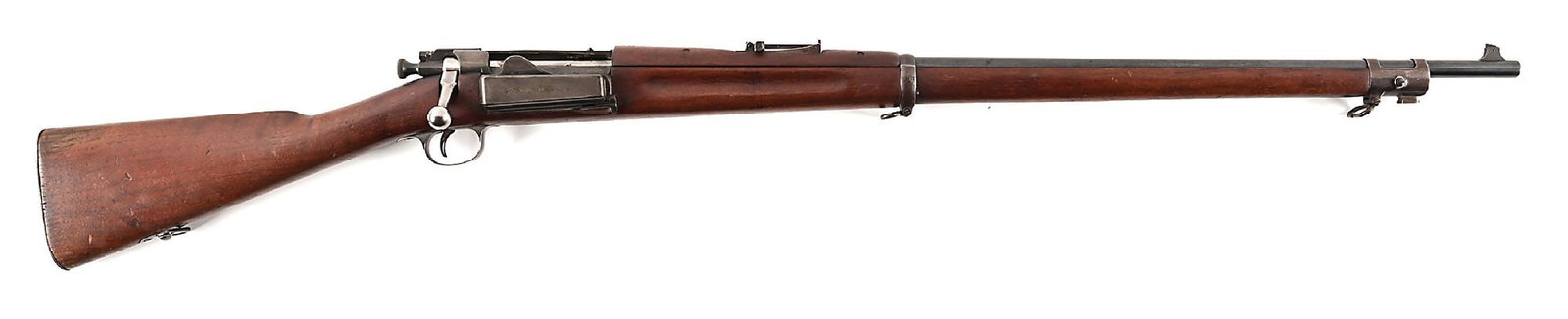 (A) SPRINGFIELD MODEL 1898 KRAG BOLT ACTION RIFLE.: The blued rifle barrel is fitted with a pinned blade front sight and correct 1896 style rear sight. Standard walnut stocks with finger groove and "JSA / 1898" cartouche. CONDITION: Very good. Rifle re