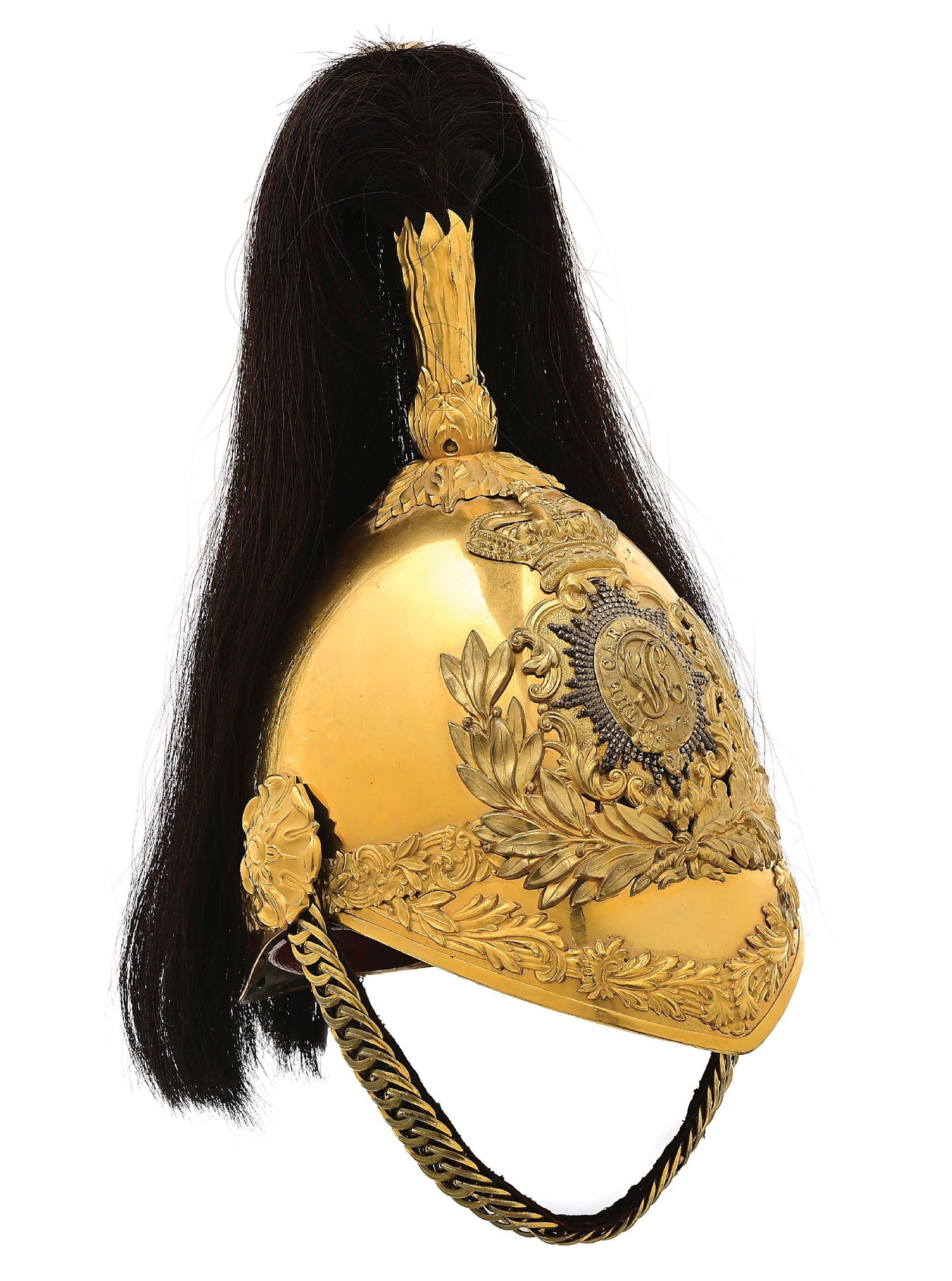 BRITISH 6TH CARABINERS DRAGOON GUARD 1847 PATTERN OFFICER'S HELMET.: A nice example of a Pattern 1847 6th Carabiniers Dragoon Guard Officer's Helmet. Gilt brass skull applied with elaborate scroll and leaf work. Large multi-rayed frontal plate is overlaid with the 6th