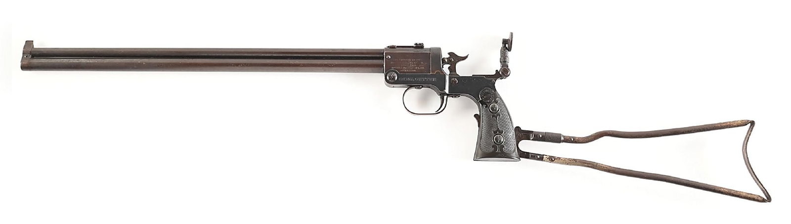 (C) MARBLES 1908 GAME GETTER .22 RF / .44 GAME GETTER OVER/UNDER COMBINATION GUN.: Model 1908 pattern with 18" .22 LR barrel over .44 smooth bore barrel (.410 with 2" chamber). Blue finish. Fitted with folding stock, tang sight, elevator adjustable rear sight and blade front sight.