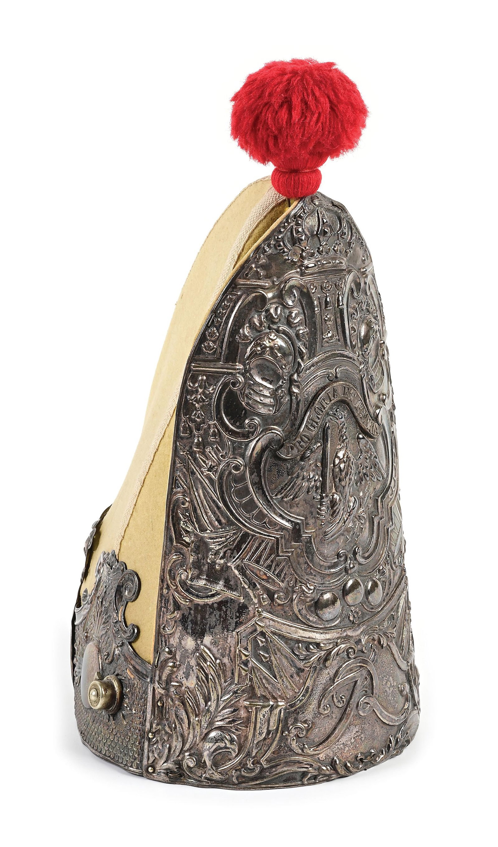 PRUSSIAN M1894 1ST FOOT GUARDS GRENADIER MITRE.: The Model 1894 grenadier miter helmet worn by the members of the 3rd Fusilier Battalion of Prussia. Approximately 14" inches tall. The helmet body is yellow wool trimmed with white. The large silvered