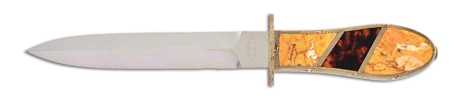 JIM SORNBERGER MOKUME WRAP DAGGER WITH ANGEL CORAL AND TORTOISE INLAY. (1 of 5)