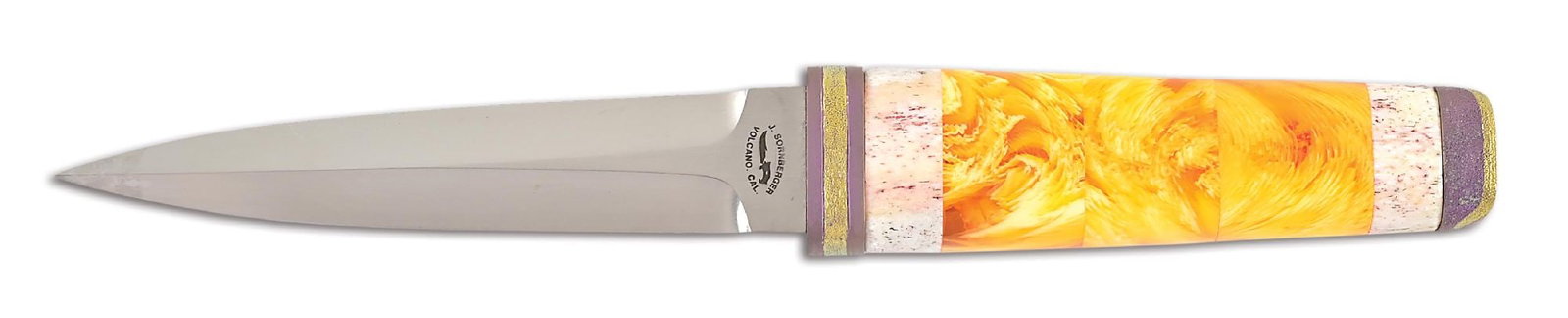 JIM SORNBERGER ORANGE AND IVORY DAGGER.: Jim Sornberger custom art dagger that features a satin finished stainless steel dagger blade marked "J. SORNBERGER / VOLCANO. CAL." on the obverse ricasso. Amber and fossilized bone handle. No scabbar