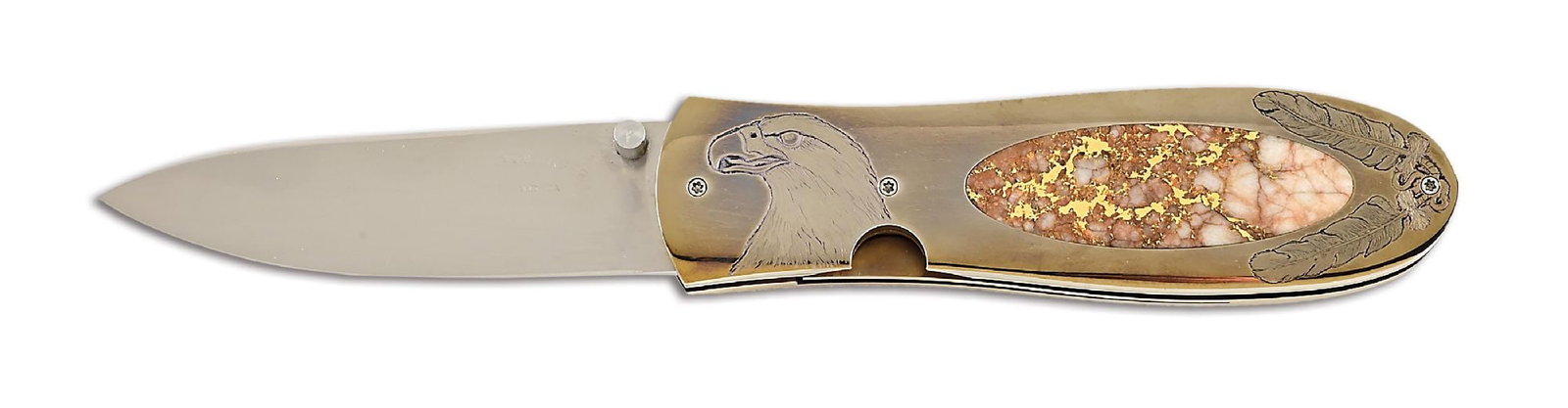 JIM SORNBERGER LINERLOCK KNIFE WITH HAWK HEAD IN GOLD TONES. (1 of 5)