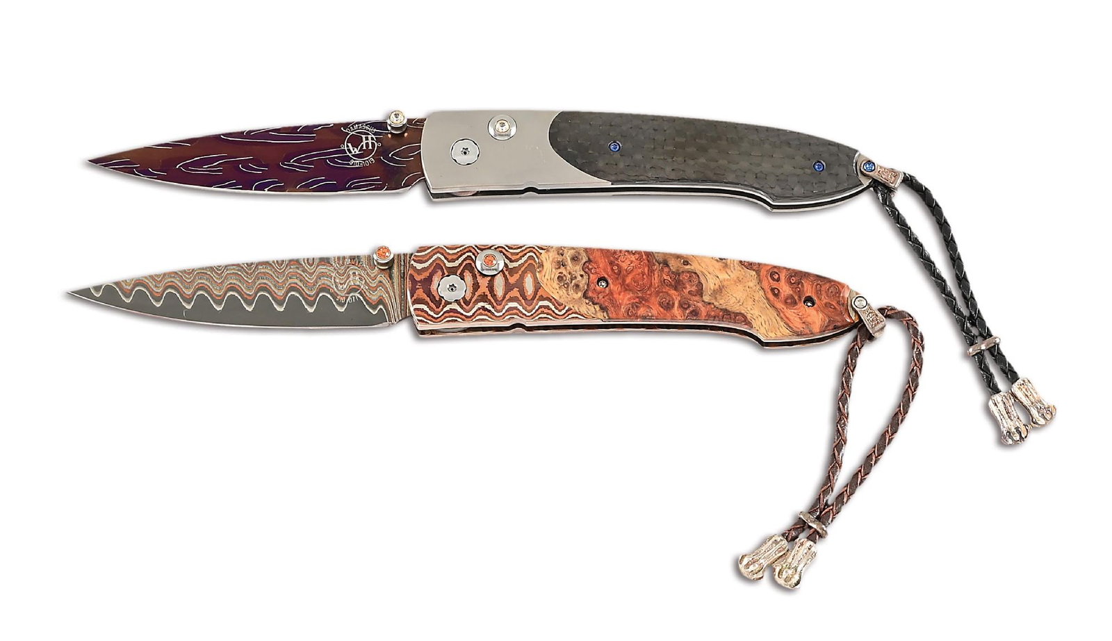 LOT OF 2: WILLIAM HENRY B10 BLUE KNIGHT & B10 RANCHERO FOLDING KNIVES.: Lot consists of: (A) William Henry B10 Blue Knight button lock folding knife that features a Larry Donnelly heat blued carbon Damascus blade with white topaz thumb stud, button cut, and set in 18k gol