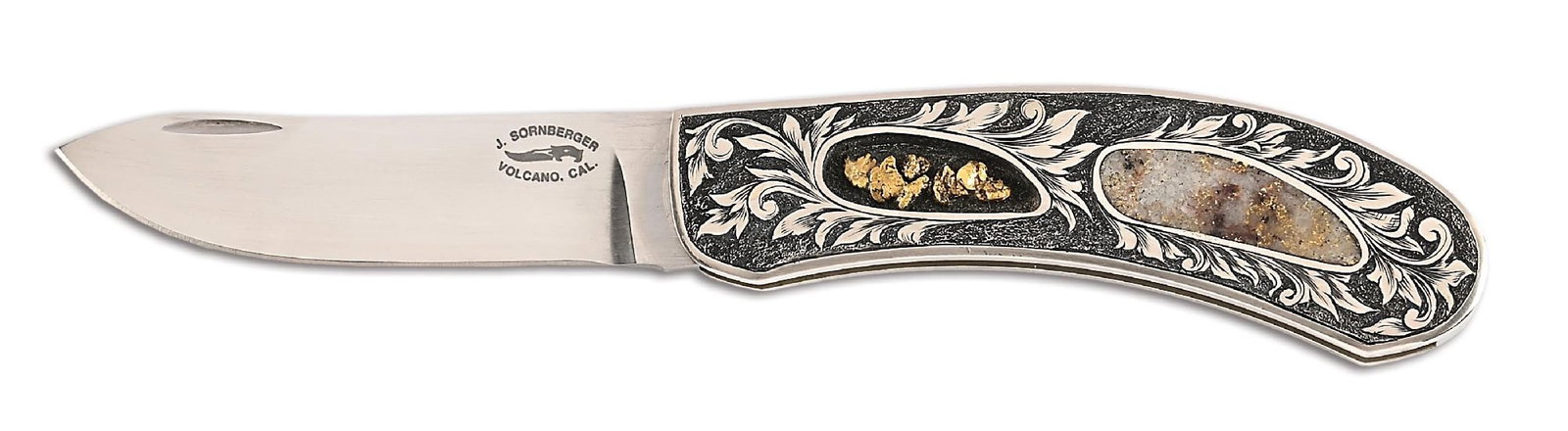 JIM SORNBERGER CUSTOM LOCKBACK KNIFE WITH GOLD QUARTZ AND GOLD NUGGETS. (1 of 5)