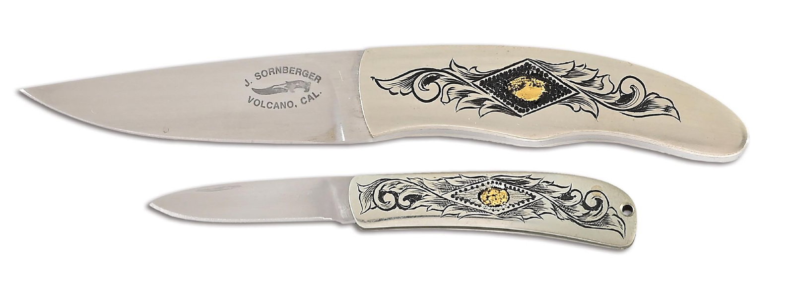 LOT OF 2: JIM SORNBERGER MINIATURE GOLD NUGGET INLAY KNIVES. (1 of 4)