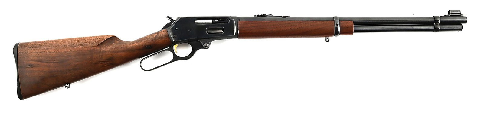 (C) MARLIN 336 LEVER ACTION RIFLE IN .44 MAGNUM.: Manufactured 1964. Manufactured for a short period before reintroduction of the Model 1894. Blue finished round barrel. Oil finished walnut stocks. Hooded and ramped front sight with sheet metal eleva