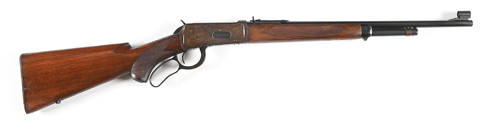 (C) DELUXE STYLE WINCHESTER MODEL 64 LEVER ACTION CARBINE.: Manufactured in 1938. Features include ramped hooded front sight, standard rear sight, half length magazine tube, blued steel nosecap, sling swivel mounts, deluxe pattern replacement checkered walnut