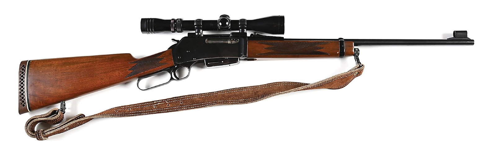 (C) BELGIAN BROWNING BLR .308 WINCHESTER LEVER ACTION CARBINE.: Manufactured in 1971. Blued lightweight barrel with ramped and hooded blade front sight. Receiver is mounted with a 3-9x Redfield wide view scope. Press checkered walnut carbine forend retained by a c