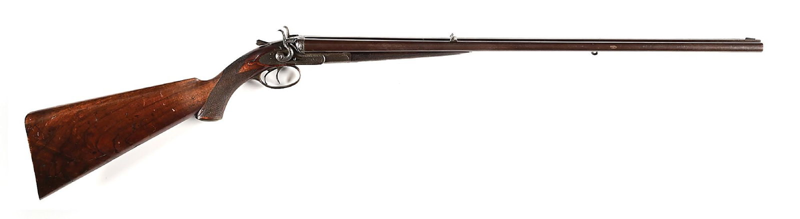 (A) UNUSUAL GYE & MONCRIEFF .450 BPE DOUBLE RIFLE WITH CROSSOVER STOCK.: London made with 7 pin sidelocks with slide safeties. London proofed and produced by Gye & Moncrieff, St. James Street, London. Brown Damascus patterned barrels with solid matted rib, small blade fron