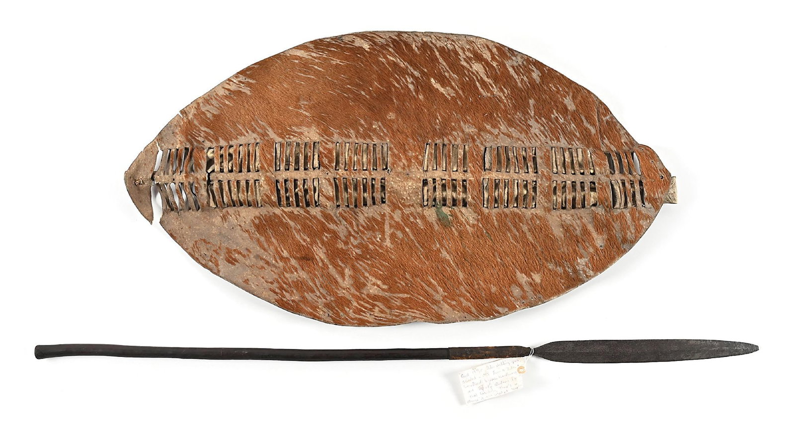 ZULU SPEAR AND SHIELD POSSIBLY USED AT THE BATTLE OF ISANDLWANA. (1 of 2)