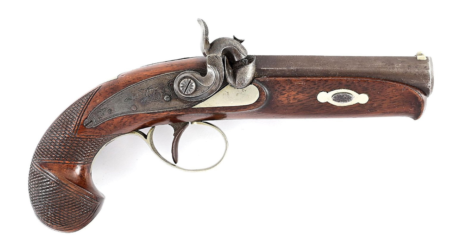 (A) R.P. BRUFF PERCUSSION DERRINGER PISTOL.: Richard Bruff and his brother Charles made derringers from 1858 through to the 1870s, as Deringer's famous designed quickly became one of the most copied designs. Teardrop barrel with flattened top ri