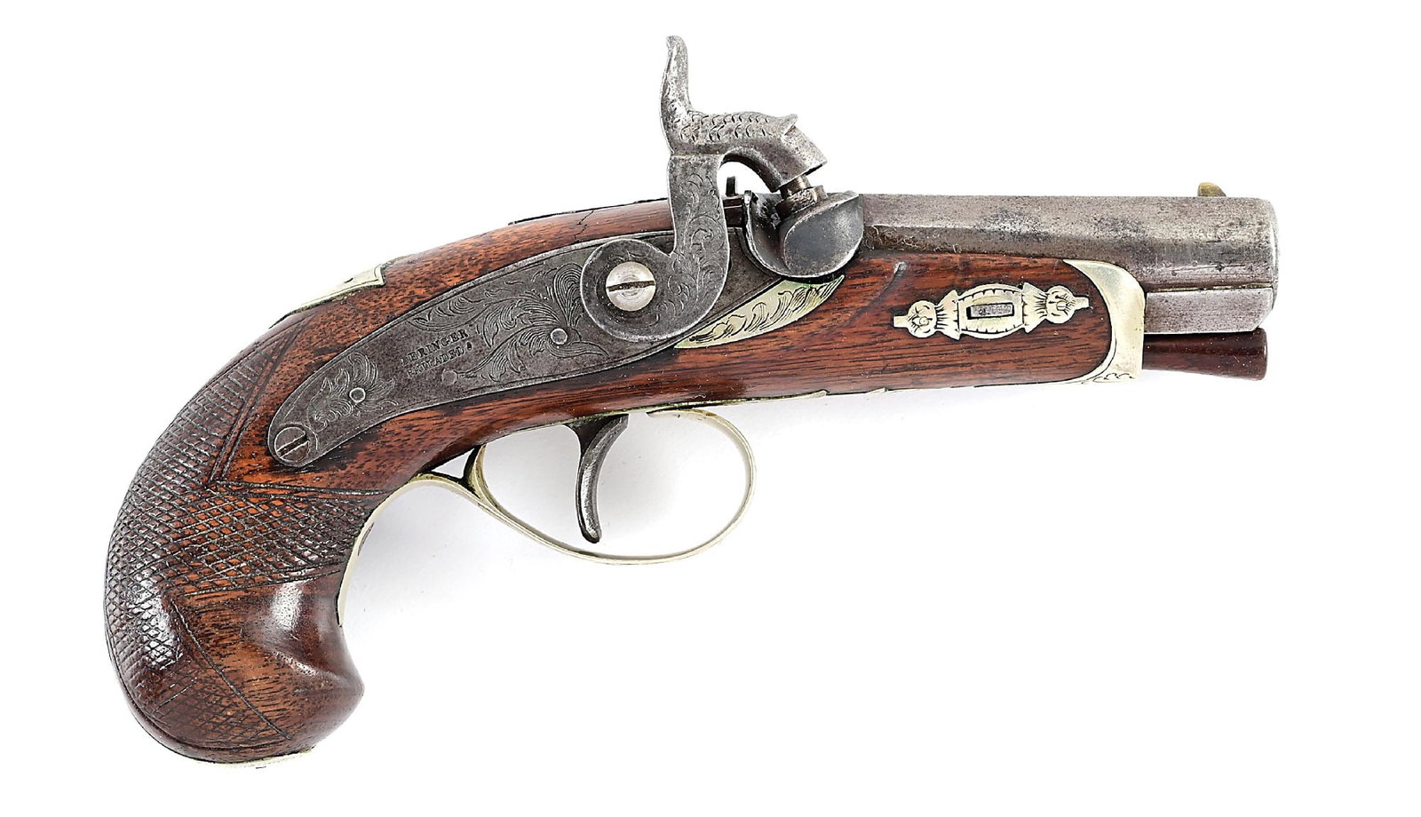 (A) HENRY DERINGER PHILADELPHIA PERCUSSION DERRINGER.: With a 2 - 3/8" barrel, 3 - 1/16" over the breech, and approximately 6 - 3/4" overall. Teardrop barrel with dovetailed German silver blade front sight, and partial under rib for ramrod, which feeds di