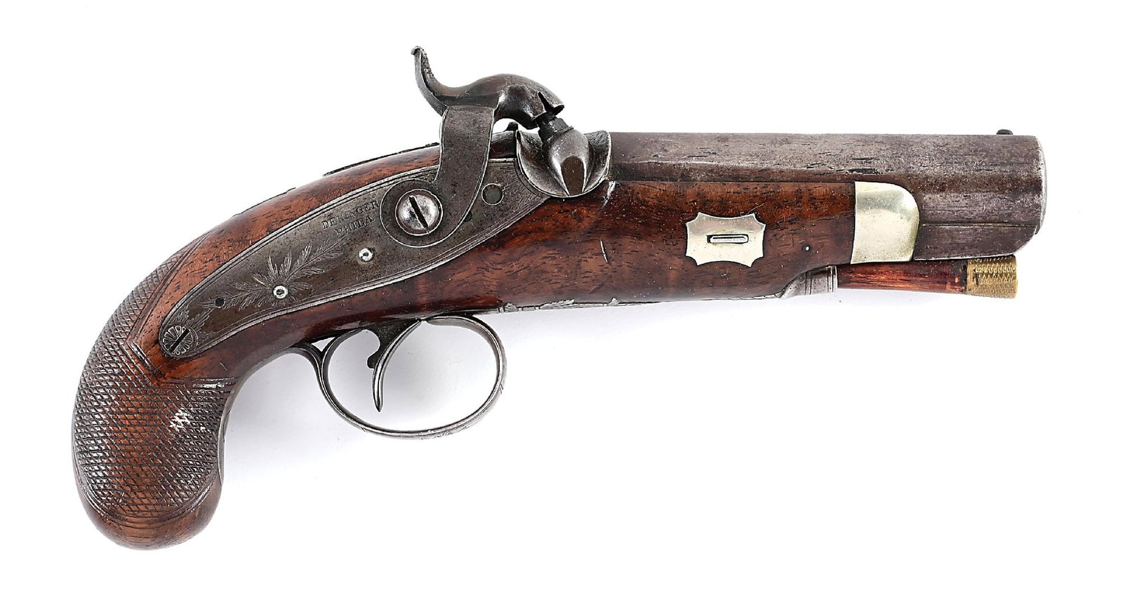 (A) HENRY DERINGER PHILADELPHIA PERCUSSION DERRINGER.: With a 3 - 9/16" barrel, 4 - 3/8" over the breech, and approximately 8" overall. Teardrop barrel with bead, and partial under rib for ramrod with textured brass head, which feeds directly into a reinf