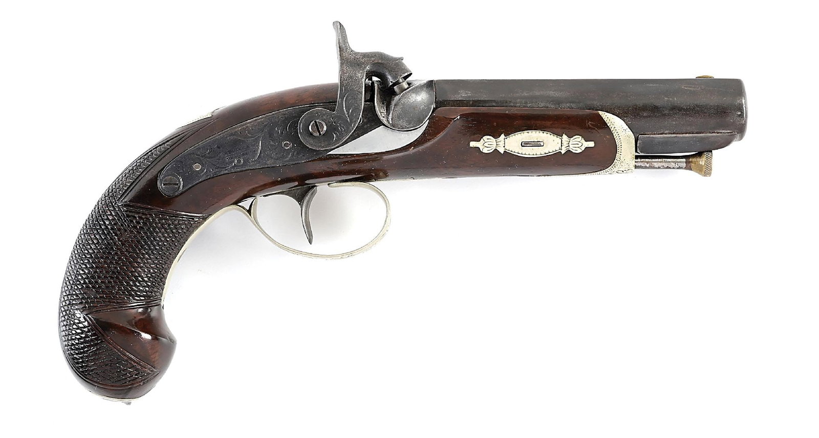 (A) HENRY DERINGER PHILADELPHIA PERCUSSION DERRINGER.: This scarce large Philadelphia Deringer measures about 9-1/2" overall and features a round barrel with top flat and steel rib mounted below. Diminutive front and rear sights, two inlaid German silver