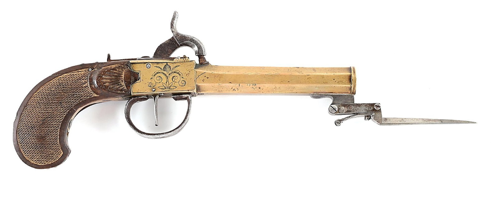 (A) BRASS BARRELED PERCUSSION PISTOL WITH SNAP BAYONET. (1 of 11)