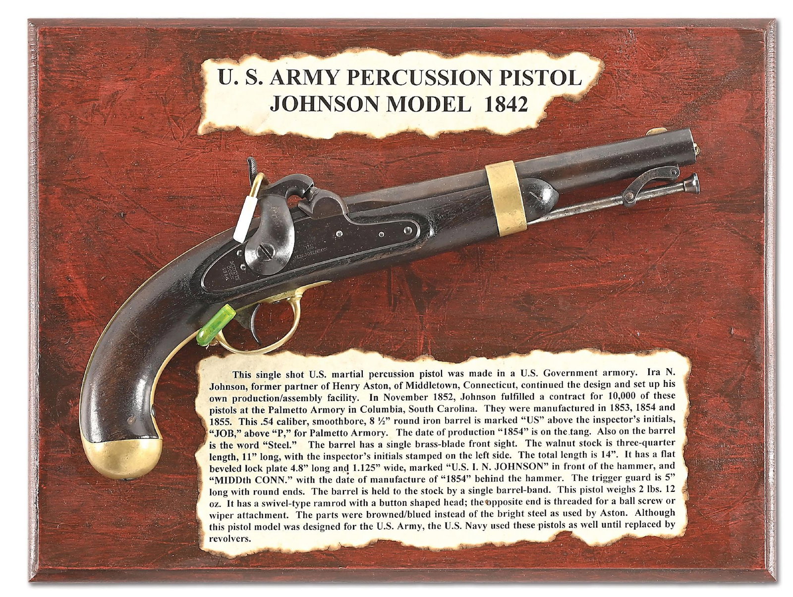 (A) US MODEL 1842 PERCUSSION PISTOL BY I.N.JOHNSON WITH DISPLAY. (1 of 8)