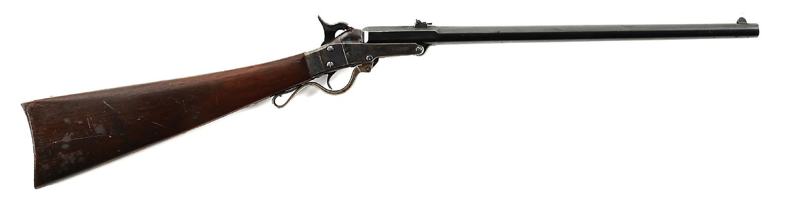 (A) FINE MASSACHUSETTS ARMS CO. MAYNARD CARBINE.: Maynard 2nd Model single shot breechloading carbine manufactured by Massachusetts Arms Company from 1863-1865 with a total of about 20,000 manufactured. 20" round barrel with octagon breech in .50 cal