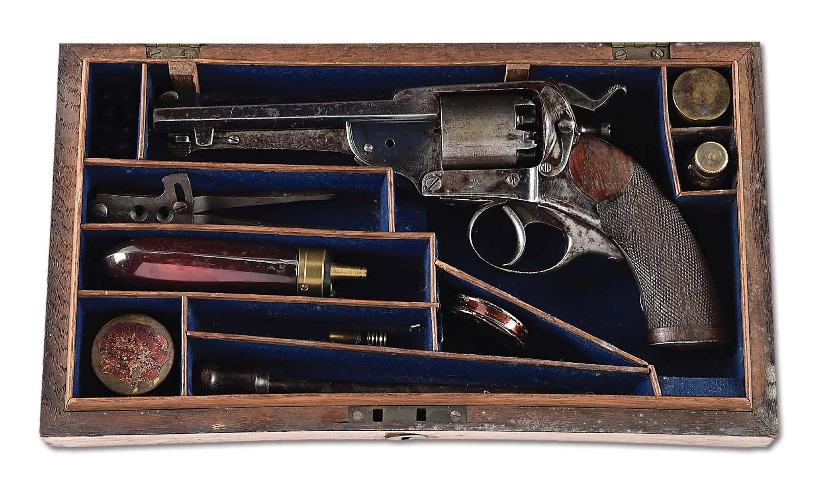 (A) KERR PATENT LONDON ARMORY NAVY SIZE DOUBLE ACTION PERCUSSION REVOLVER WITH CASE.: Produced from 1859 through 1866 with approximately 7,500 Kerr revolvers making their way into Confederate hands and resulted in the most widely used revolver of the Confederacy. The right side of fram