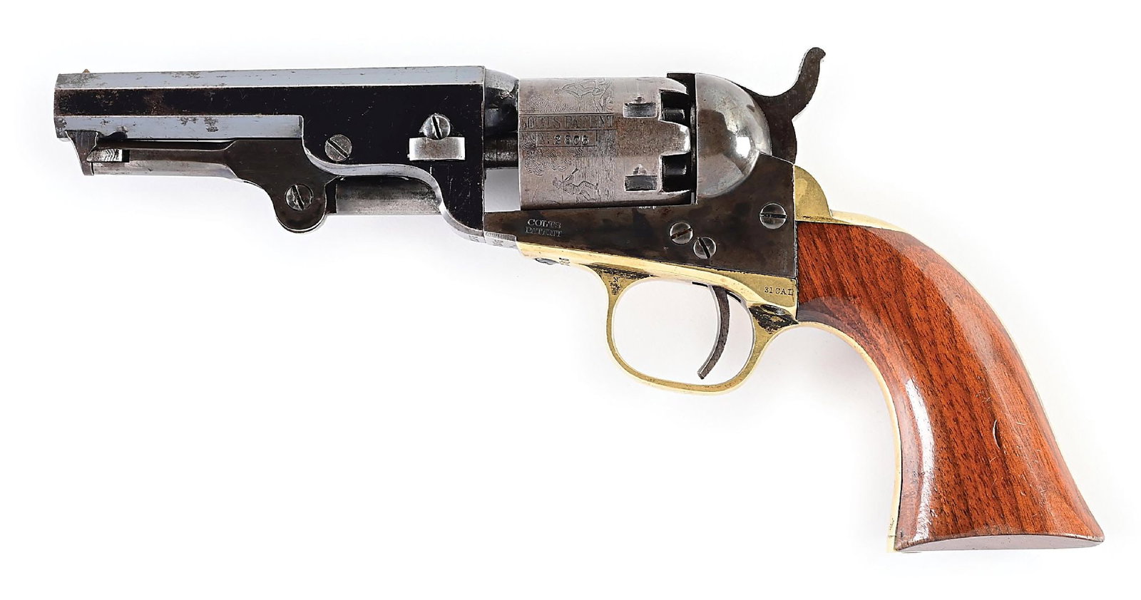 (A) FINE COLT MODEL 1849 POCKET PERCUSSION REVOLVER.: Dates to 1869. This is a standard model featuring an octagon barrel, a five shot cylinder with the roll die stage coach scene, blue and case color finish, brass straps and varnished walnut grips. All
