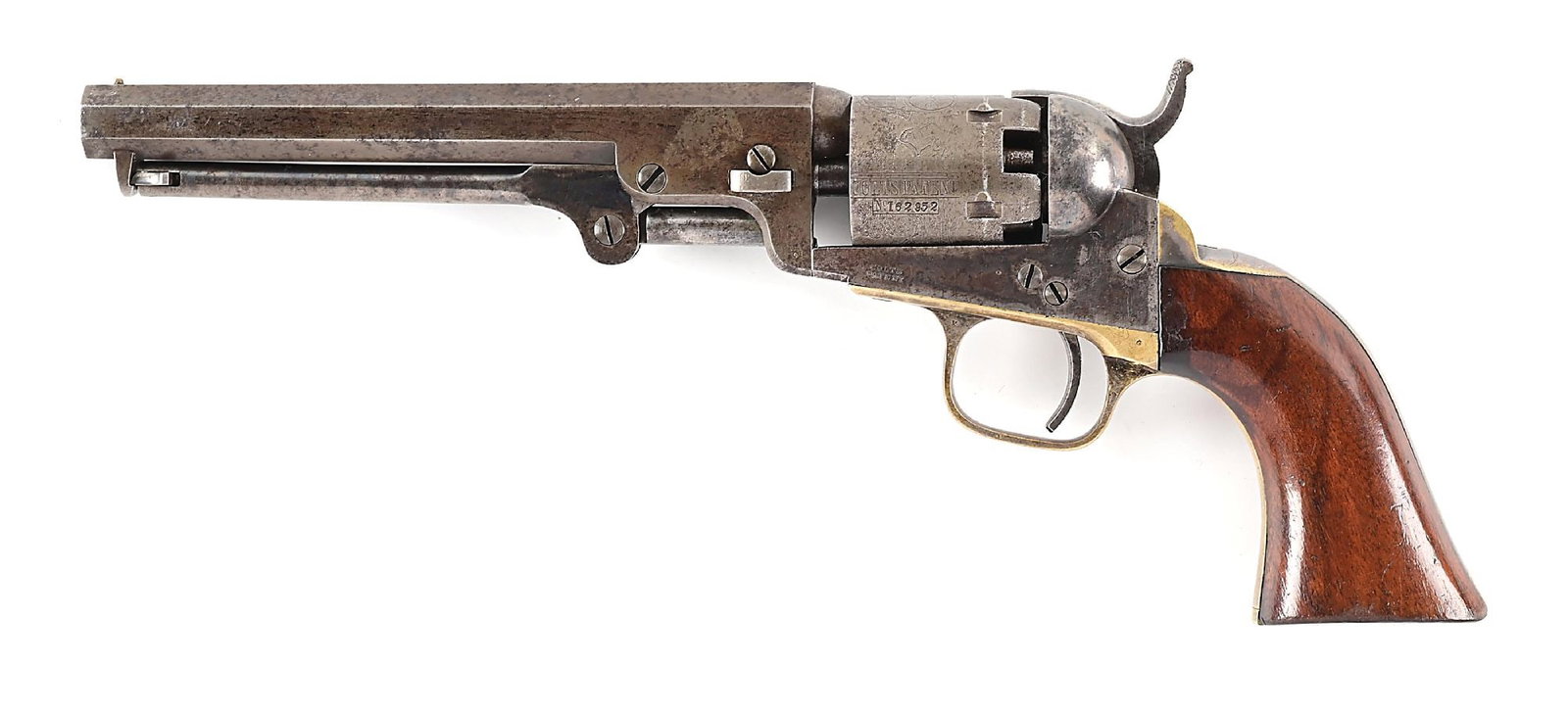 (A) COLT MODEL 1849 POCKET PERCUSSION REVOLVER.: Produced by Colt at the beginning of the Civil War, this 1849 pocket model features a six-inch octagon barrel with a New York address. The patent date on the frame and all serial numbers on the wedge,