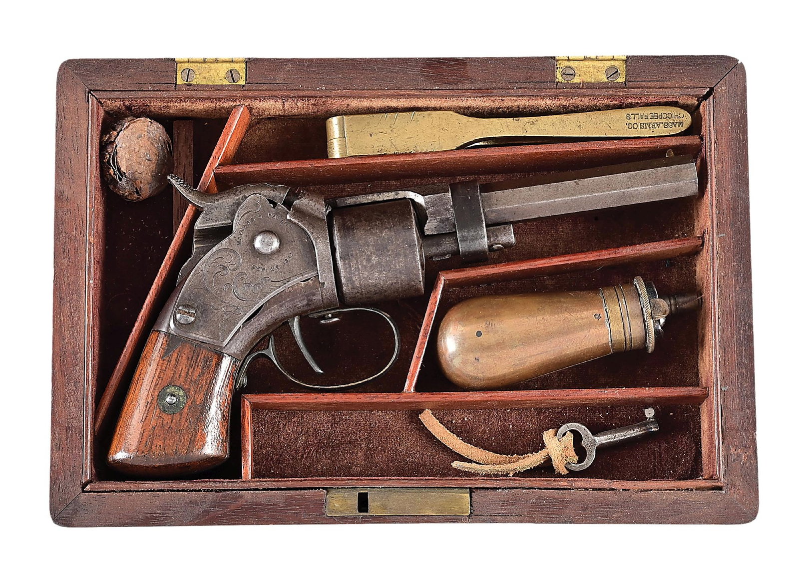 (A) CASED MASSACHUSETTS ARMS CO.MAYNARD PATENT POCKET MODEL PERCUSSION REVOLVER. (1 of 12)