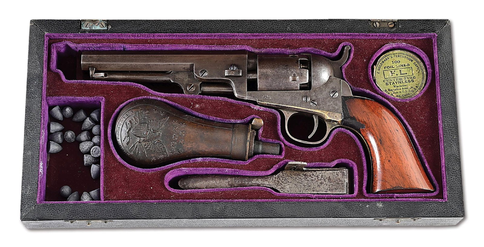 (A) CASED COLT 1849 POCKET SINGLE ACTION PERCUSSION REVOLVER. (1 of 11)