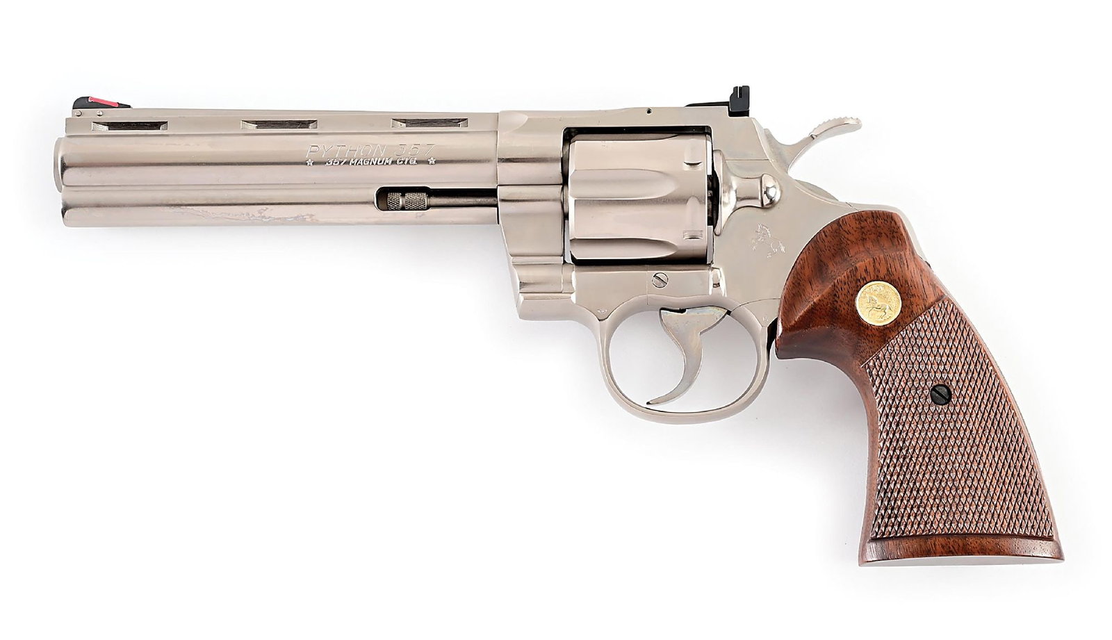 (M) ELECTROLESS NICKEL COLT PYTHON .357 MAGNUM DOUBLE ACTION REVOLVER WITH BOX: Dates to 1981. This is a very early gun with this finish. Standard features include vent rib, full lug, red insert front sight, adjustable rear sight, wide spur hammer, thin serrated trigger, and the
