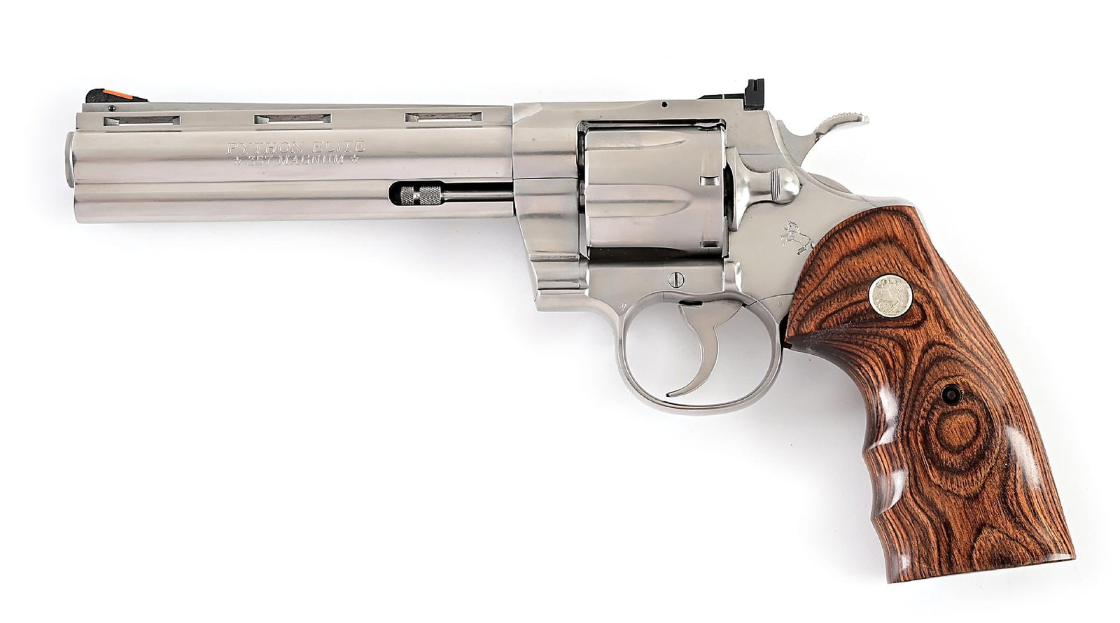 (M) COLT PYTHON ELITE DOUBLE ACTION .357 MAGNUM REVOLVER WITH CASE.: The matching number test target is dated 6/18/1999. The Elite versions were a special, limited version only available from the Colt's Custom Shop and was not a mass-produced variation. This stainless