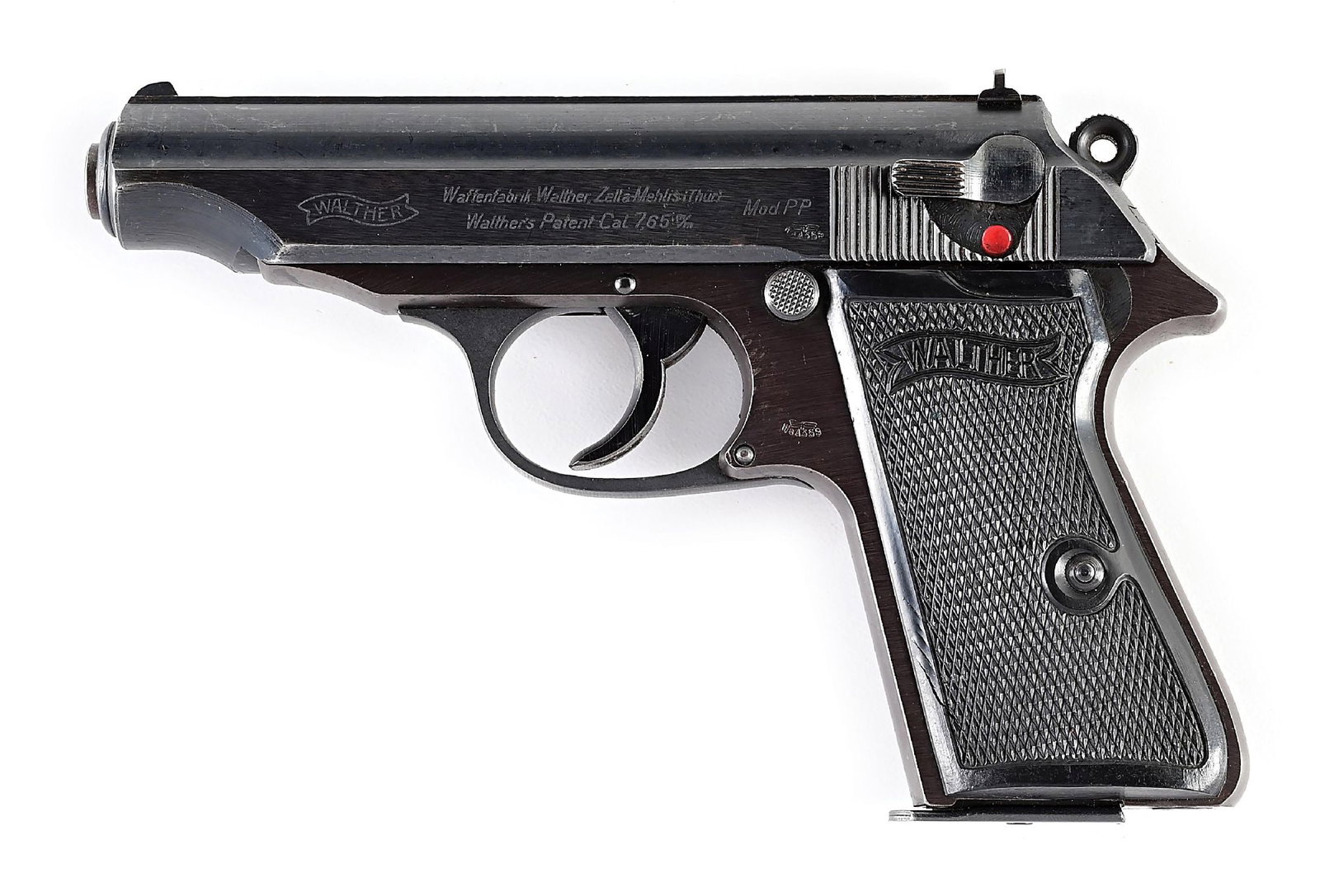 (C) WWII GERMAN WALTHER PP SEMI-AUTOMATIC PISTOL (1944): Walther Model PP manufactured 1944 with Eagle "N" proofs and "WaA359" waffenamt inspections. Secondary rough polished frame and slide with serial number on left side of slide and frame. Black checkere