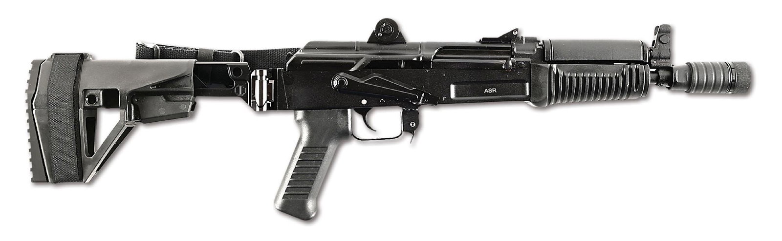 (M) BULGARIAN ARSENAL SAM7K-ASR 7.62X39MM SEMI-AUTOMATIC PISTOL.: Built on a milled Bulgarian circle "10" marked receiver. Barrel is mounted with a large Krinkov style flash hider. Protected post front sight and aperture rear. Furniture includes a ribbed polymer for