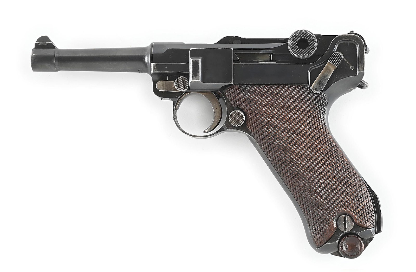 (C) DWM 1908 COMMERCIAL .30 LUGER SEMI-AUTOMATIC PISTOL.: Produced by DWM, this model 1908 Commercial luger was manufactured between 1908 and 1913. This pistol features a blank top of chamber, DWM logo appears on the toggle. Crown "N" proofs on the underside