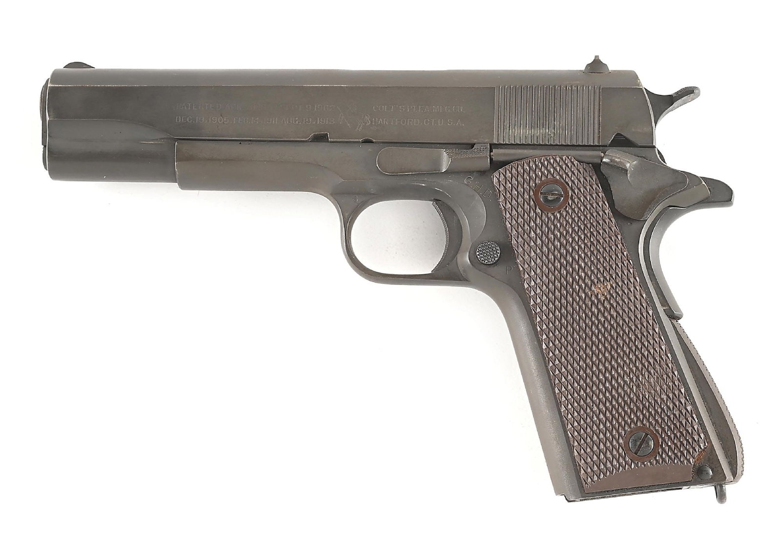 (C) COLT MODEL 1911A1 SEMI-AUTOMATIC PISTOL.: Produced by Colt in 1943, this pistol features a Guy Drury inspected frame with an Ordnance wheel proof and GHD inspection marks. The barrel is marked Colt .45 Auto at the breech, above the lug and li