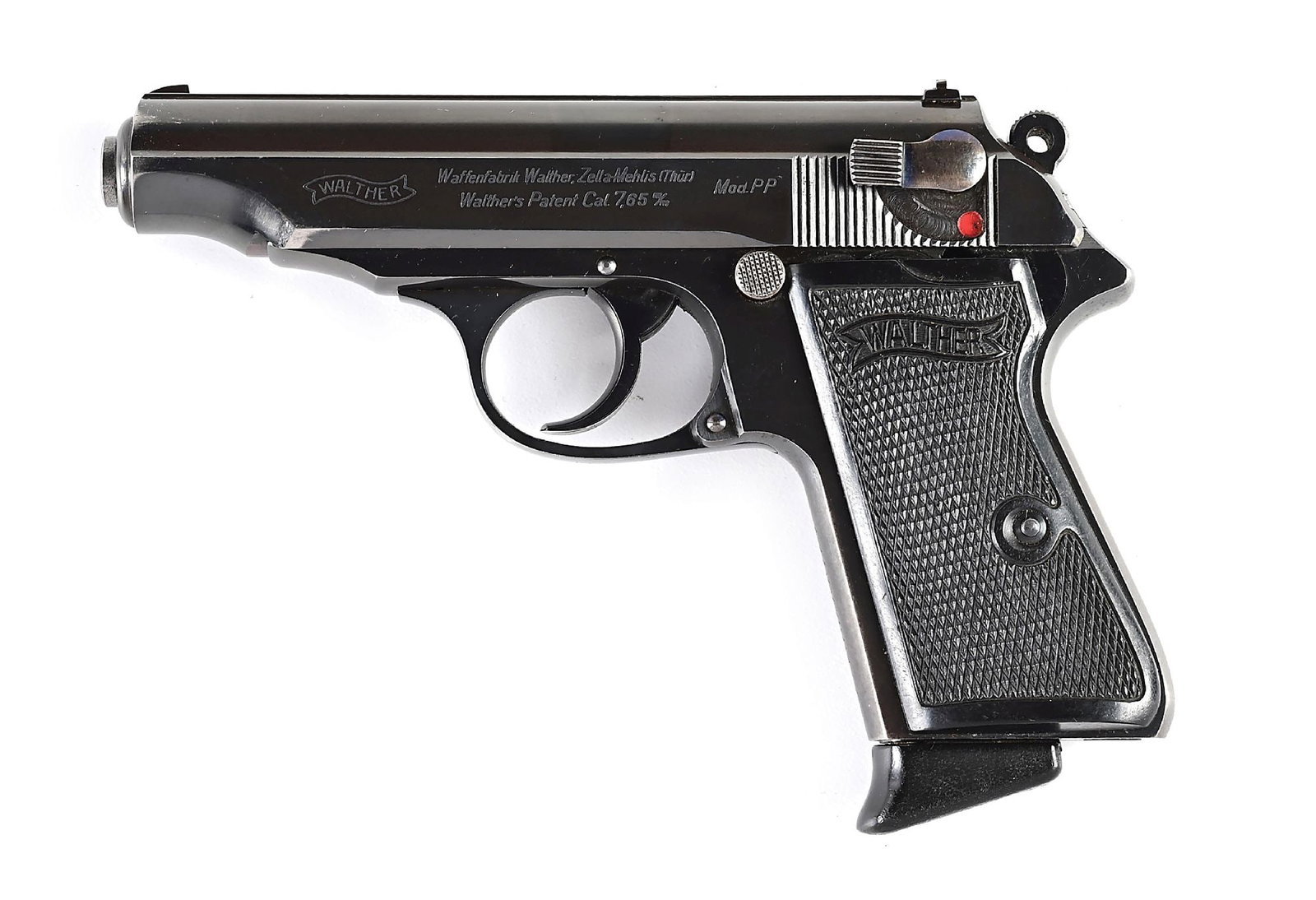 (C) POLICE MARKED WALTHER PP SEMI-AUTOMATIC PISTOL.: Produced in early 1930 featuring high polish blued finish, a 90-degree safety, and chamber indicator. The front grip strap is marked “P.V. Go.Nr 114", likely police markings indicating Polizei V