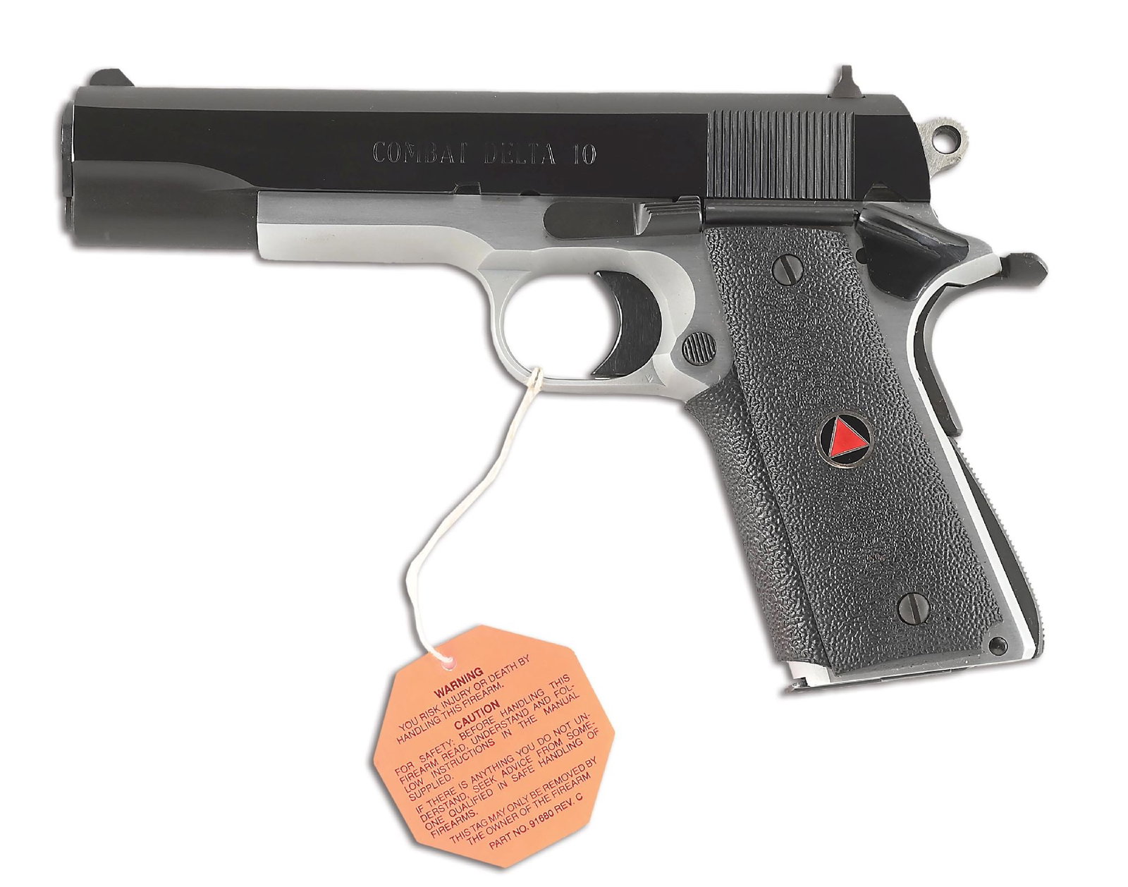 (M) COLT GOVERMENT MODEL COMBAT DELTA 10 SEMI-AUTOMATIC PISTOL.: Introduced in 1987, it was the first firearm produced by a major manufacturer for the new 10MM cartridge. Built on the Series 80 Model 1911 and features the dual tone blue finish with brushed stainles