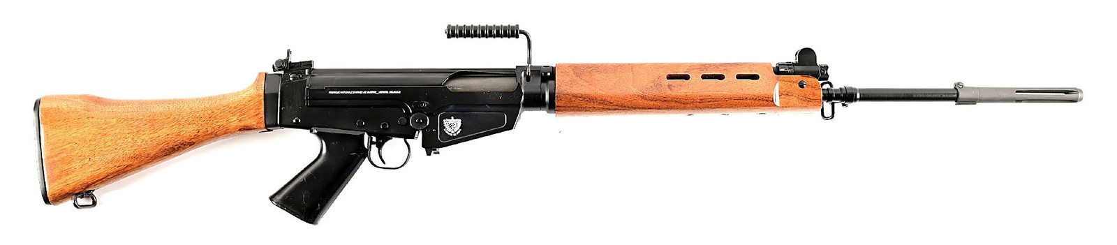 (M) ARS CUSTOM DSA ARMS CUBAN FAL 7.62X51MM SEMI-AUTOMATIC RIFLE.: Custom built by Arizona Response Systems on a DSA receiver with added FN markings and "EJERCITO DE CUBA" crest. Outfitted with a black finished pencil barrel, long slotted flash hider, protected post