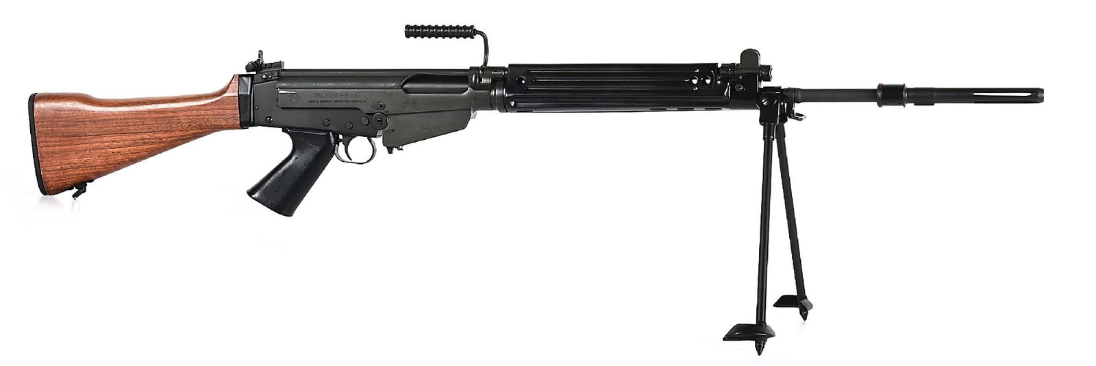 (M) IMBEL FZ SA 7,62 FAL SEMI-AUTOMATIC RIFLE.: Built on a Pacific Armament imported Brazilian IMBEL Fz SA 7,62 with long slotted flash hider. protected post front sight, elevation adjustable aperture rear, stamped steel forend with folding bipod,