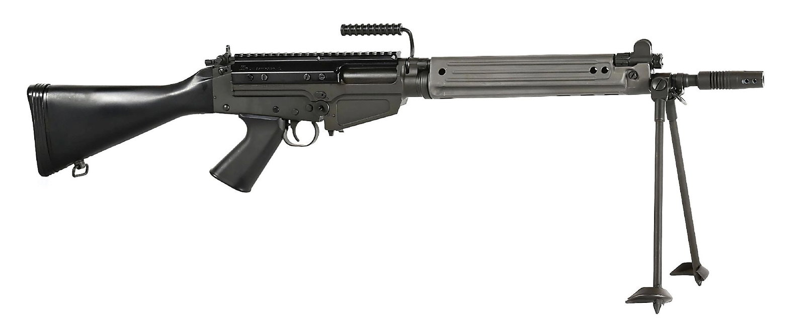 (M) DSA SA58 .308 WINCHESTER SEMI-AUTOMATIC RIFLE.: Built on a DSA receiver with matte gray finish, carbine length barrel, launcher-style flash hider, protected post front sight, elevation adjustable aperture rear, DSA optic rail, stamped steel forend