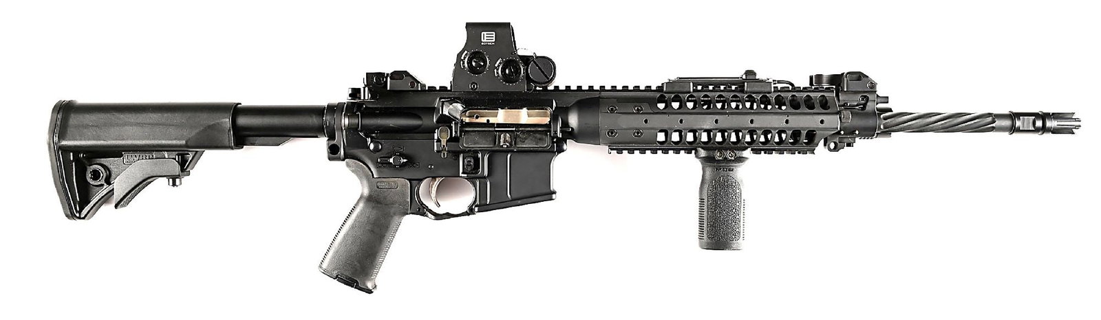 (M) LWRC IC-E 5.56X45MM SEMI-AUTOMATIC RIFLE.: Three prong flash hider, LWRC branded BUIS, Streamlight ProTac and ProTac pressure switch, Magpul MOE vertical foregrip, EoTech holographic sight, MagPul MOE+ pistol grip, and LWRC telescoping buttsto