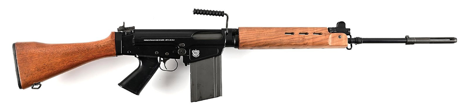 (M) DSA SA58 .308 WINCHESTER SEMI-AUTOMATIC RIFLE WITH CUBAN CREST.: Custom assembled on a milled SA58 receiver with added FN address and "EJECTIRO DE CUBA" crest on the right side. Black enamel finished pencil barrel with long slotted flash hider. Protected adjustable