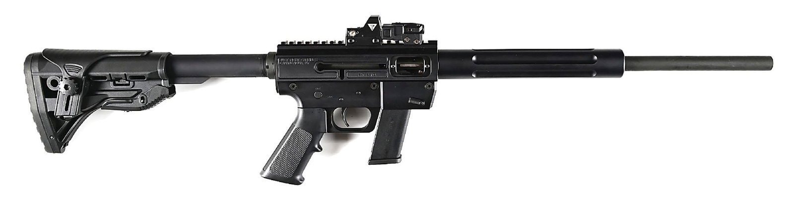 (M) JUST RIGHT TAKEDOWN CARBINE .45 ACP SEMI-AUTOMATIC RIFLE WITH SOFT CASE.: The parkerized "JRC / 45 ACP" marked barrel is designed to be quickly removed and it is locked in place by the fluted thread of alloy handguard. Solid milled receiver with integral optic rail on which