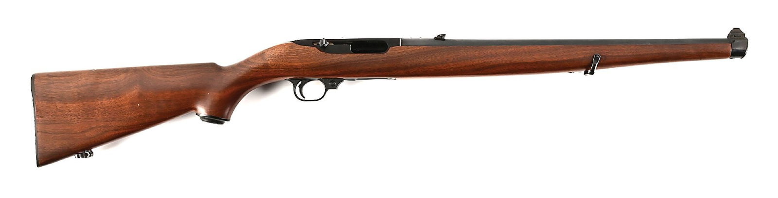 (C) RUGER INTERNATIONAL MODEL 44 CARBINE SEMI-AUTOMATIC RIFLE IN .44 MAGNUM.: Manufactured in 1966. Blued barrel with 2-line "STURM, RUGER & CO., INC." address. Gold bead blade front sight and flip up adjustable u-notch rear. Blued receiver with alloy trigger guard. Full length