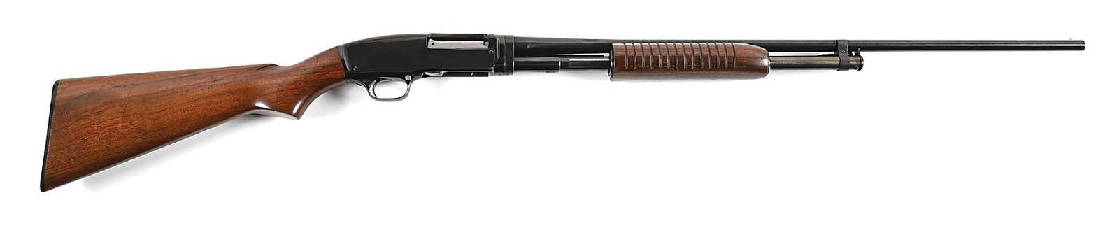 (C) WINCHESTER MODEL 42 SLIDE ACTION .410 SHOTGUN.: Manufactured in 1957. Classically configured with factory polished blue finish, single bead front sight, 14-groove flat bottom slide handle, straight grain walnut stock, and checkered plastic WRACO bu