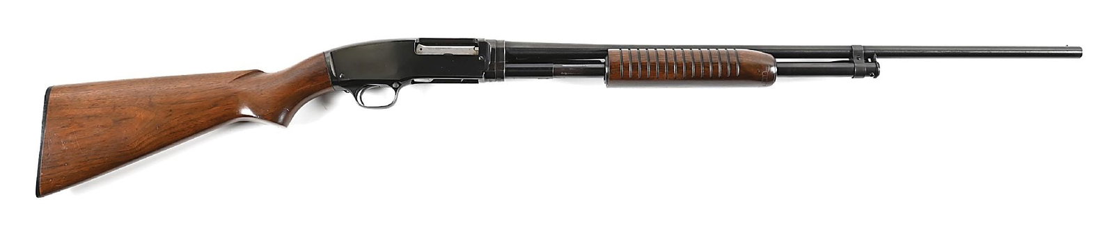 (C) WINCHESTER MODEL 42 .410 SLIDE ACTION SHOTGUN.: Manufactured in 1957. Classically configured with factory polished blue finish, single bead front sight 14-groove flat bottom slide handle, straight grain walnut stock, and checkered plastic WRACO but