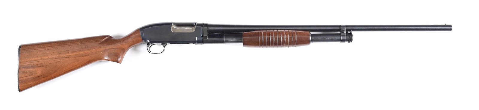 (C) WINCHESTER MODEL 12 SLIDE ACTION 20 GAUGE SHOTGUN WITH BOX.: Dates to 1963. Standard field grade take-down with blue finish, plain barrel, single bead front sight, plain pistol grip walnut stock, black Winchester butt plate and rounded, grooved matching forearm