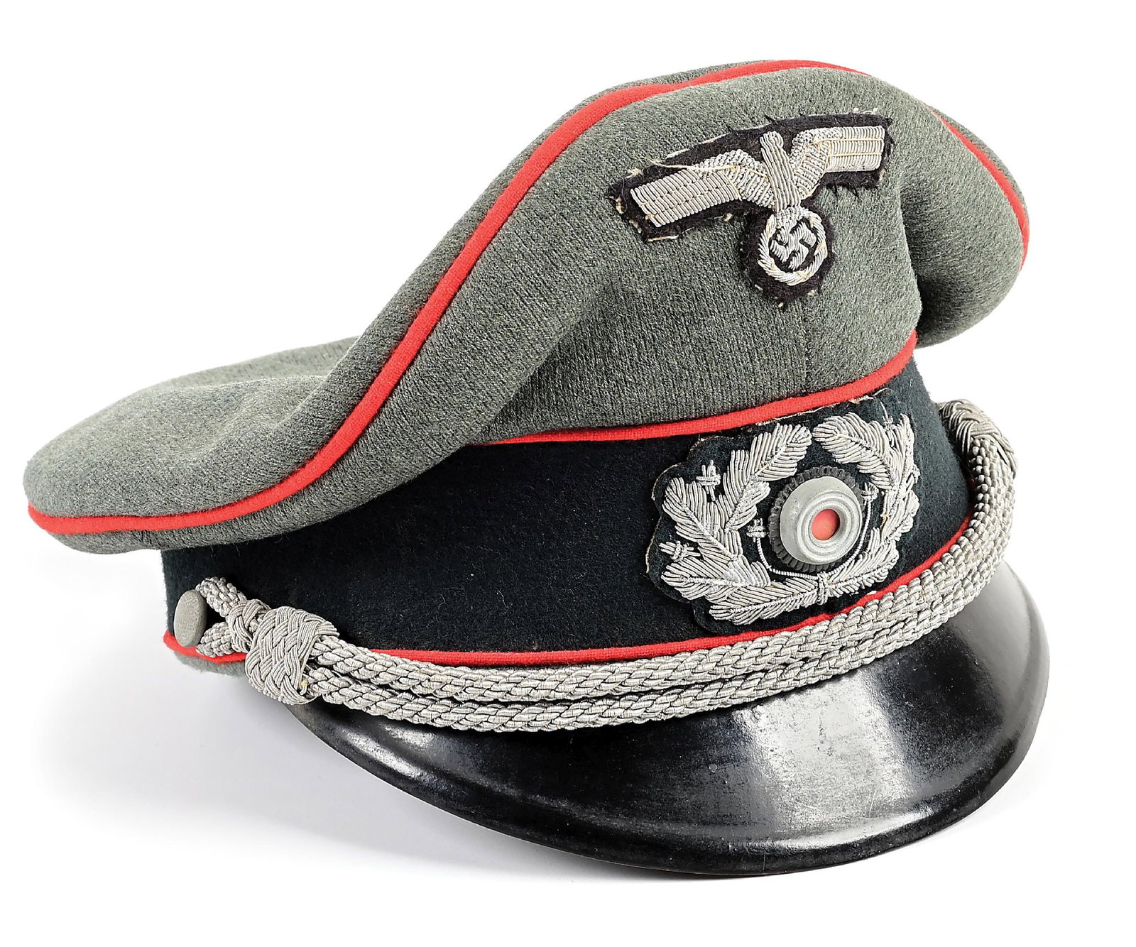 GERMAN WWII ARMY ARTILLERY OFFICER VISOR CAP.: German WWII Heer Artillery officer visor cap. Cap has red piping with no visible damage, officer chin cord, officer bullion insignia, and center band under the top piping has light moth damage. Tricot