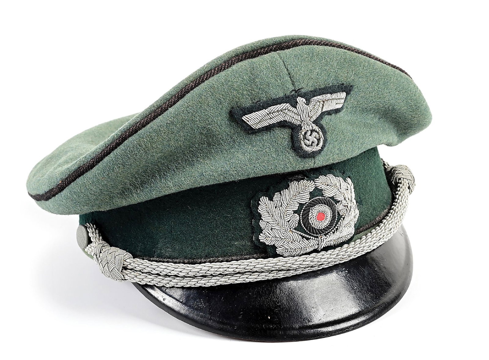 GERMAN WWII ARMY SMOKE/CHEMICAL OR JUDICIAL OFFICER VISOR CAP.: German WWII Heer Smoke/ Chemical or Judicial officer visor cap. Cap has dark purple red piping with no visible damage, officer chin cord, officer bullion insignia, and center band has light moth