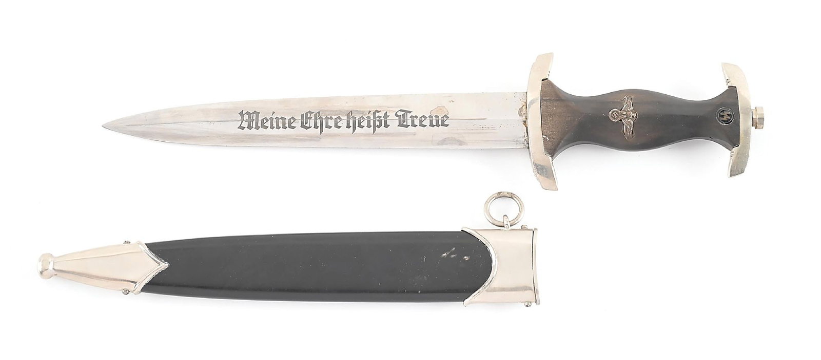 THIRD REICH SS DAGGER: Third Reich SS dagger with a "RZM 941/39SS and Eickhorn squirrel" marked blade, with visible cross graining, scattered marks, and heavy runner marks. Nickle fittings are tight with scattered marks and